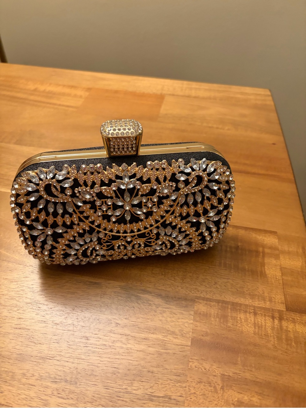 Embellished Black and Gold Rhinestone Evening Clutch with detachable chains